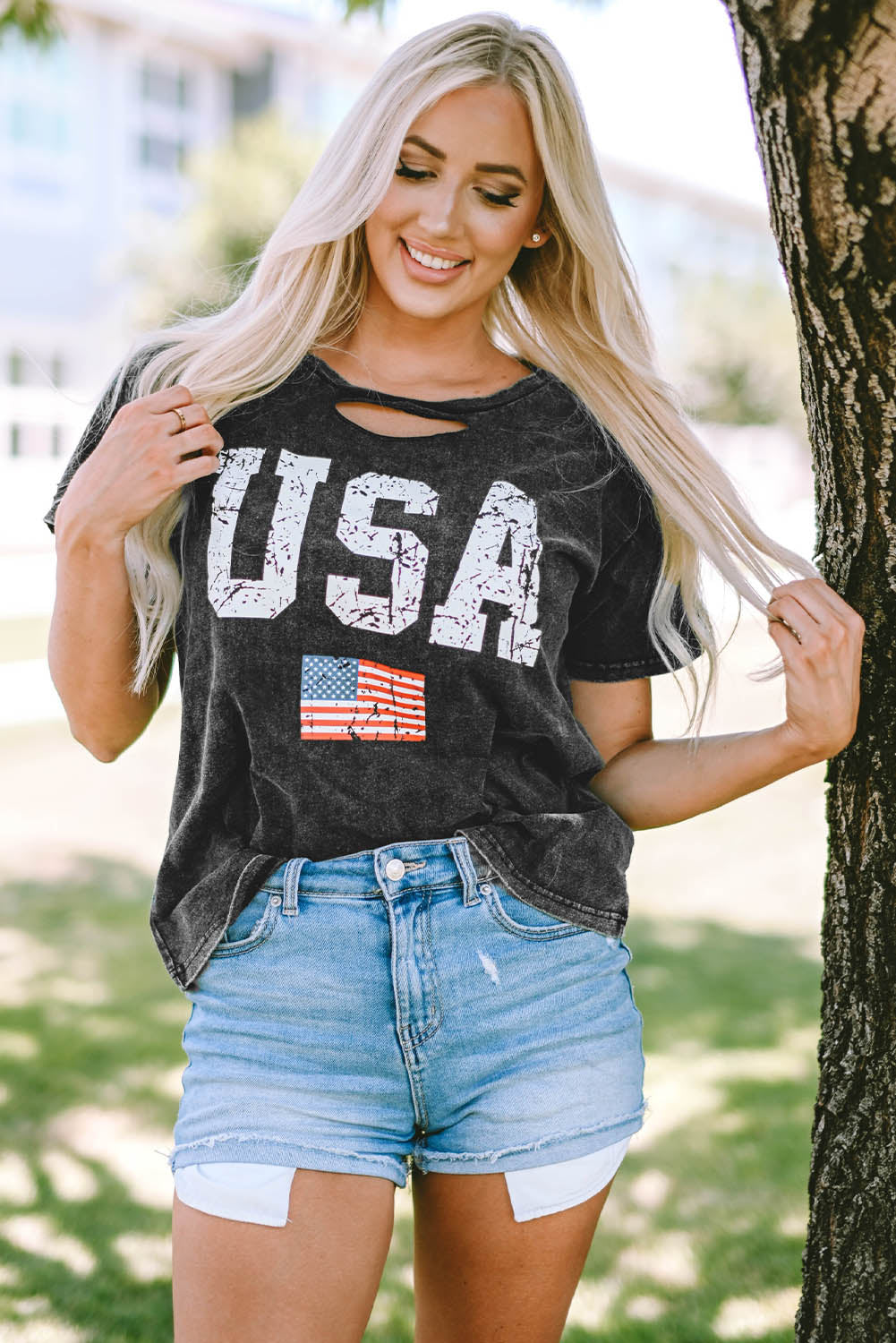 USA Cutout Round Neck Short Sleeve T-Shirt Casual Chic Boutique