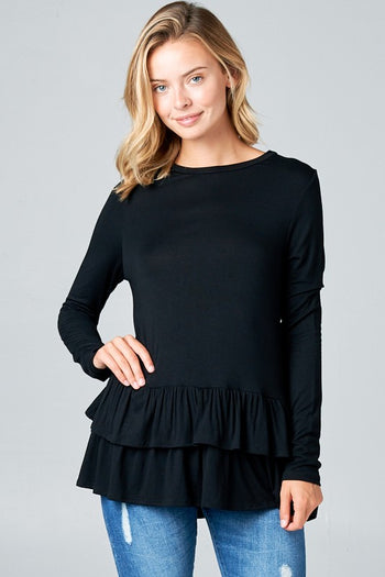 RUFFLE BOTTOM LONG SLEEVE ROUND NECK TUNIC TOP e Luna