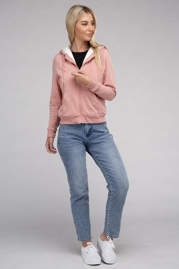 Fuzzy Trim Zip-Up Crop Hoodie Ambiance Apparel