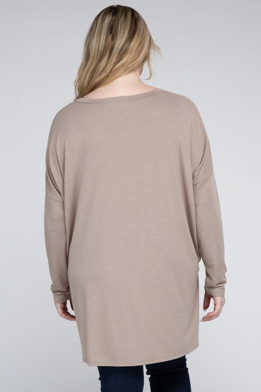 Plus Dolman Sleeve V-Neck Side Slit Hi-Low Hem Top ZENANA