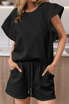 Ruffled Round Neck Top and Drawstring Shorts Set Trendsi