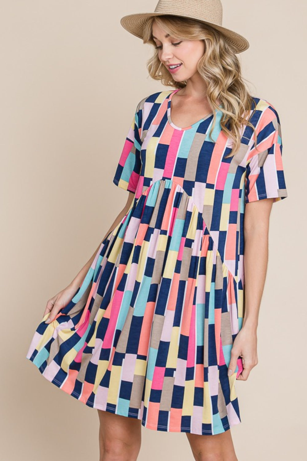 BOMBOM Ruched Color Block Short Sleeve Mini Dress Trendsi