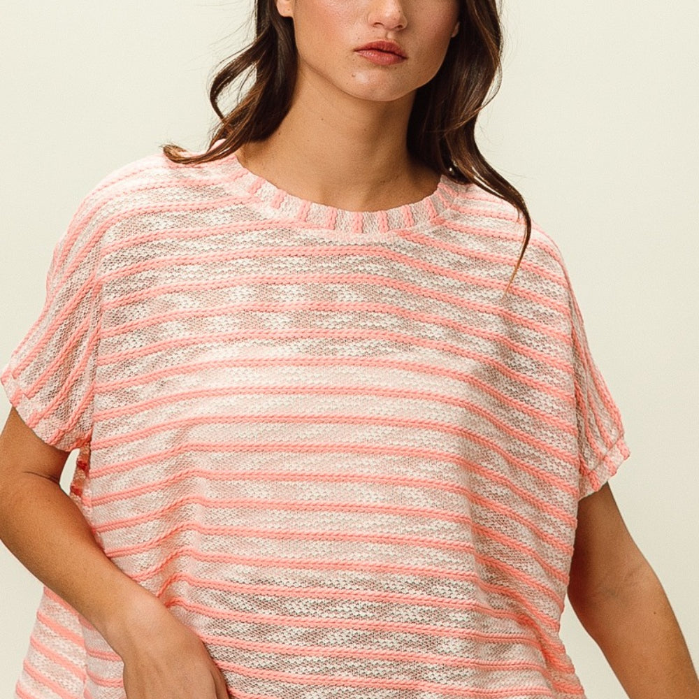 BiBi Braid Striped Short Sleeve Round Neck T-Shirt Trendsi
