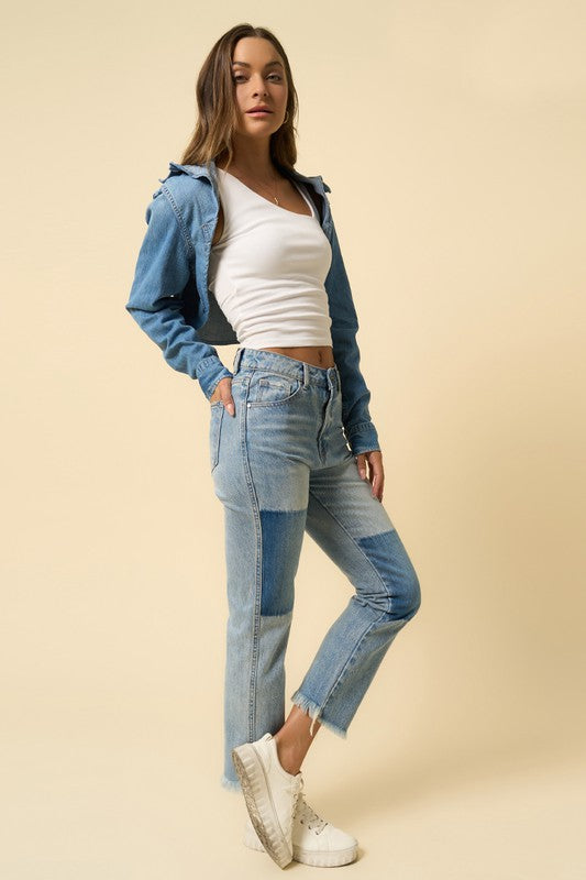 High Rise Frayed Hem Straight Jeans Denim Lab USA