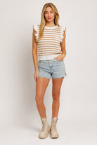 Round Neck Ruffle Sleeve Stripe Knit Top LE LIS