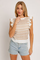 Round Neck Ruffle Sleeve Stripe Knit Top LE LIS