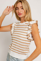 Round Neck Ruffle Sleeve Stripe Knit Top LE LIS