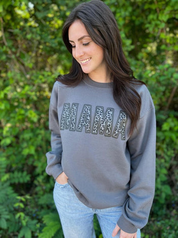 Faux Embroidery Leopard Mama Sweatshirt Ask Apparel