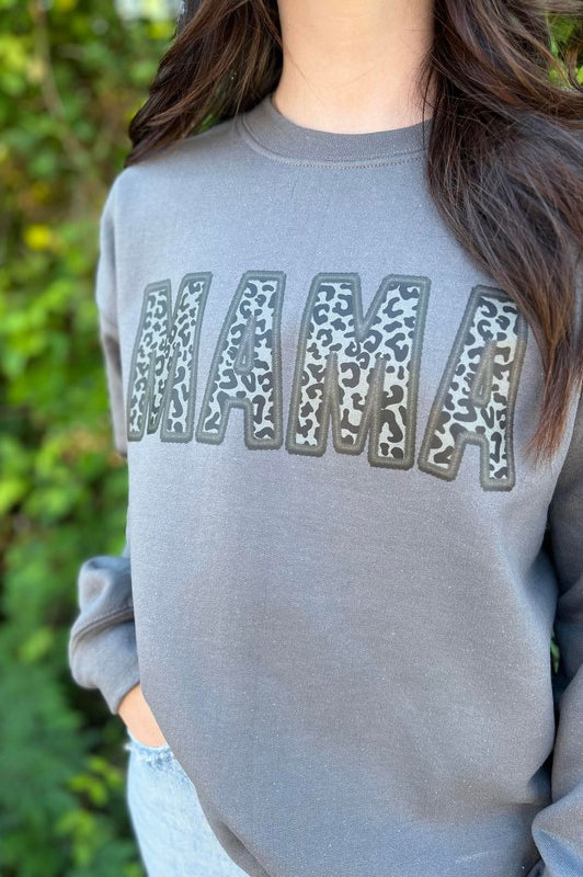 Faux Embroidery Leopard Mama Sweatshirt Ask Apparel
