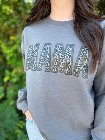 Faux Embroidery Leopard Mama Sweatshirt Ask Apparel