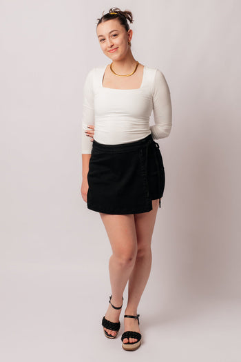 Bentli High Rise Side Tie Denim Skort in Black Ave Shops