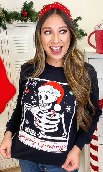 Skeleton Season's Greetings Graphic LS T-Shirt Tees2urdoor