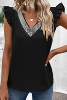 Sequin V-Neck Cap Sleeve Blouse Trendsi