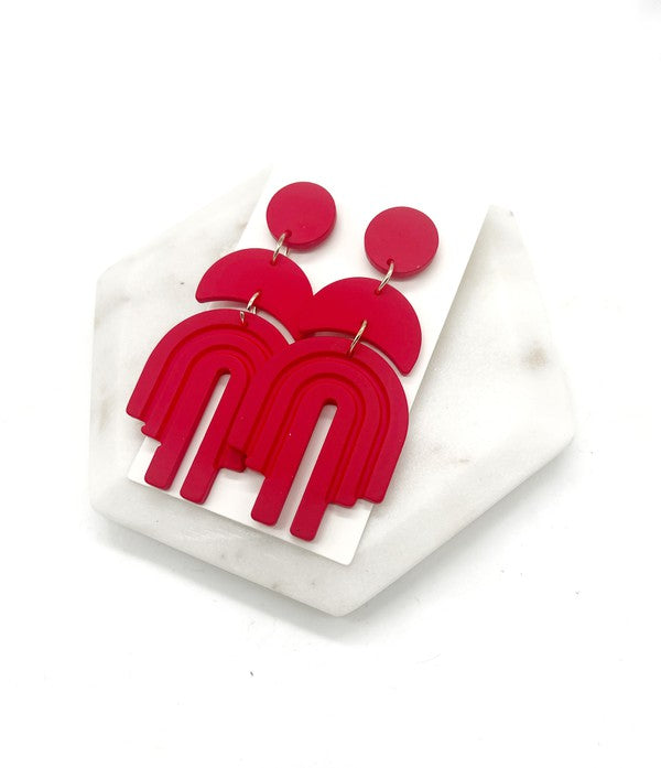 Red Layered Arch Acrylic Earrings Holiday Baubles by B