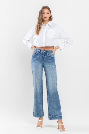 High Rise Wide Leg Jeans with Trouser Hem Detail Flying Monkey