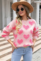 Fuzzy heart pink knit sweater Valentine EG fashion