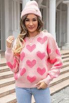 Fuzzy heart pink knit sweater Valentine EG fashion