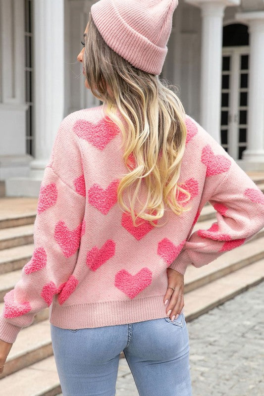 Fuzzy heart pink knit sweater Valentine EG fashion