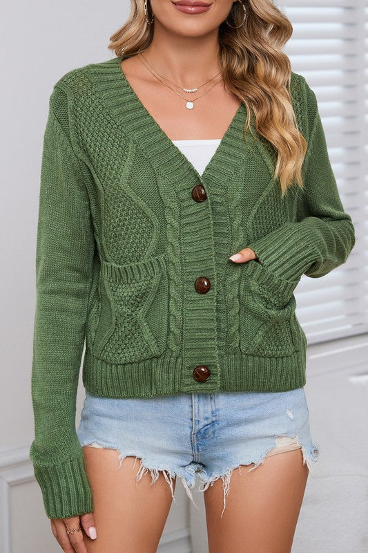 Green Pocket Button Cable Cropped Sweater Cardigan EG fashion