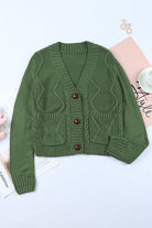 Green Pocket Button Cable Cropped Sweater Cardigan EG fashion