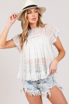 SAGE + FIG Round Neck Short Sleeve Lace Blouse Trendsi