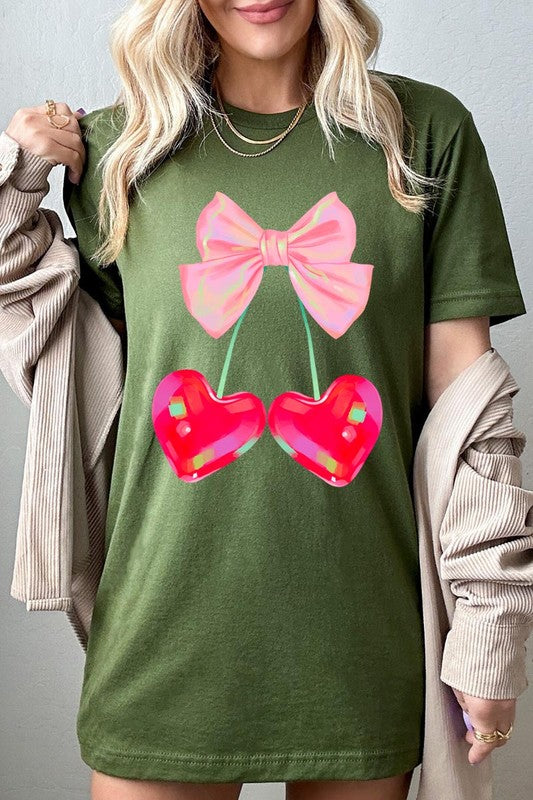Cherry Pink Bow Soft Girl Era Graphic T Shirts Color Bear