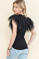 Ribbed ruffle dot lace tulle mesh sleeve top EG fashion