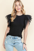 Ribbed ruffle dot lace tulle mesh sleeve top EG fashion