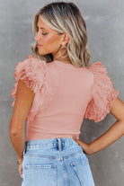 Ribbed ruffle dot lace tulle mesh sleeve top EG fashion