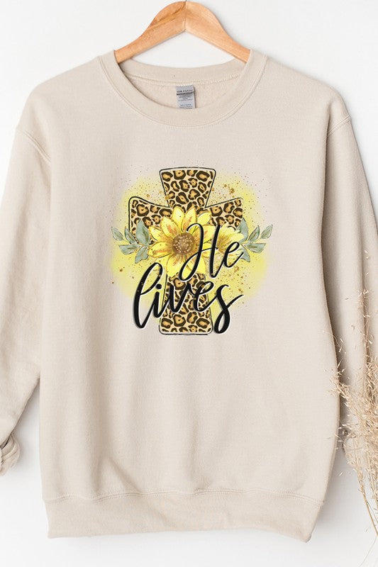 Easter He Lives Leopard Cross Sweatshirt Cali Boutique