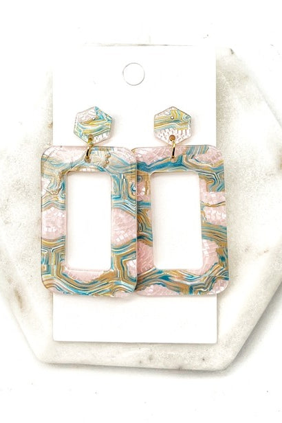 Pink Green Swirl Rectangle Acrylic Earrings Spring Baubles by B