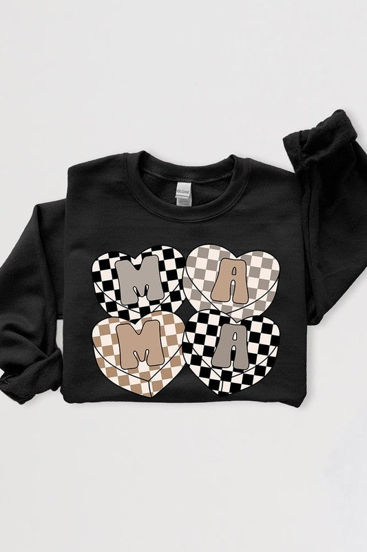 Mama Hearts Checker Graphic Fleece Sweatshirts Color Bear
