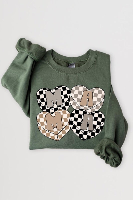 Mama Hearts Checker Graphic Fleece Sweatshirts Color Bear