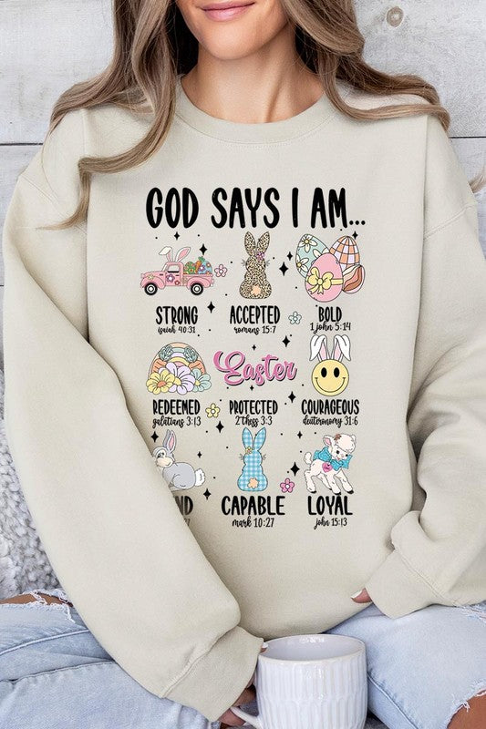 God Says I am Christian Graphic Fleece Sweatshirts Color Bear