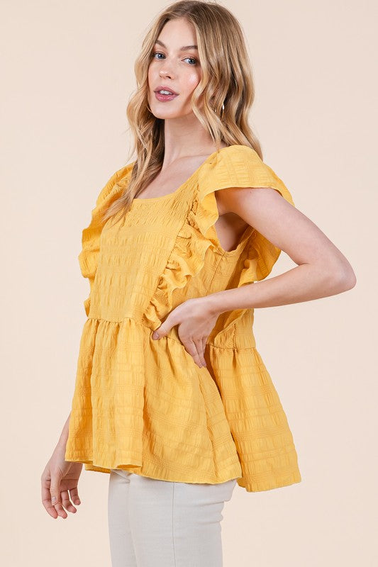 Ruffle Sleeve Textured Peplum Top Orange Farm Clothing