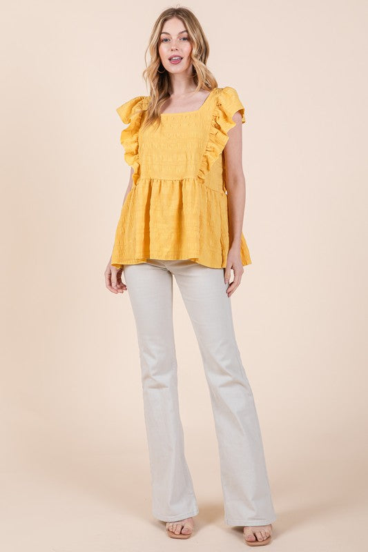 Ruffle Sleeve Textured Peplum Top Orange Farm Clothing