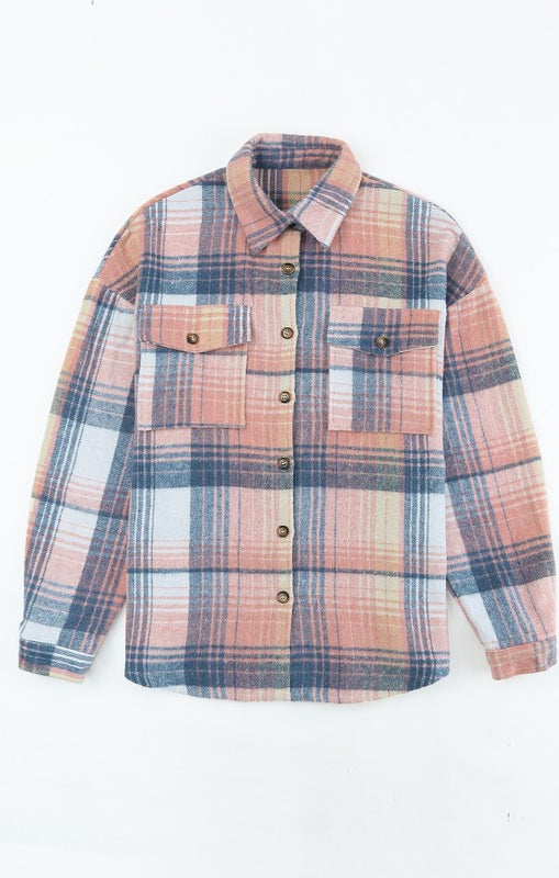 Pink cream plaid checker button shacket shirt EG fashion
