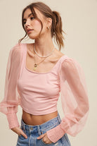 Square Neck Mesh Puff Sleeve Knit Top Listicle