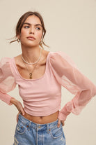 Square Neck Mesh Puff Sleeve Knit Top Listicle