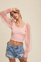 Square Neck Mesh Puff Sleeve Knit Top Listicle