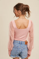 Square Neck Mesh Puff Sleeve Knit Top Listicle