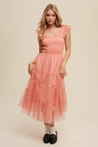 Smocked Ruffle Tiered Mesh Midi Maxi Dress Listicle