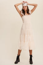 Smocked Ruffle Tiered Mesh Midi Maxi Dress Listicle