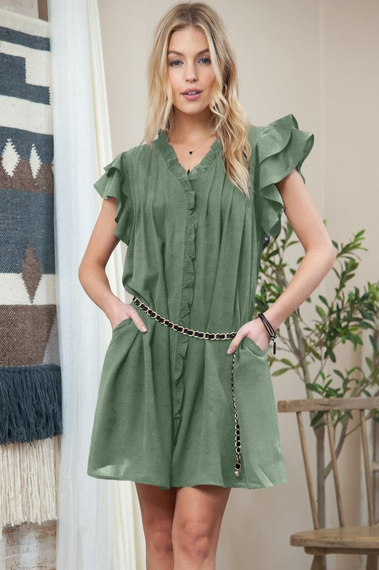 Ruffle Sleeve V neck Green, Black dress w/ pocket EG fashion