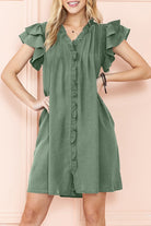 Ruffle Sleeve V neck Green, Black dress w/ pocket EG fashion