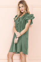 Ruffle Sleeve V neck Green, Black dress w/ pocket EG fashion