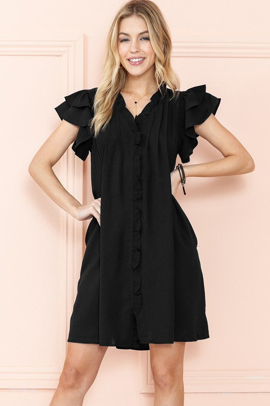 Ruffle Sleeve V neck Green, Black dress w/ pocket EG fashion