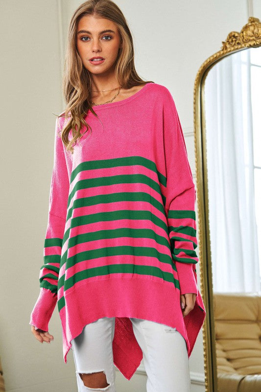 Multi Striped Elbow Patch Loose Fit Sweater Top Davi & Dani