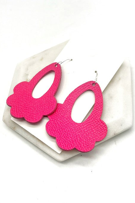 Hot Pink Flourish Flower Leather Earrings Baubles by B