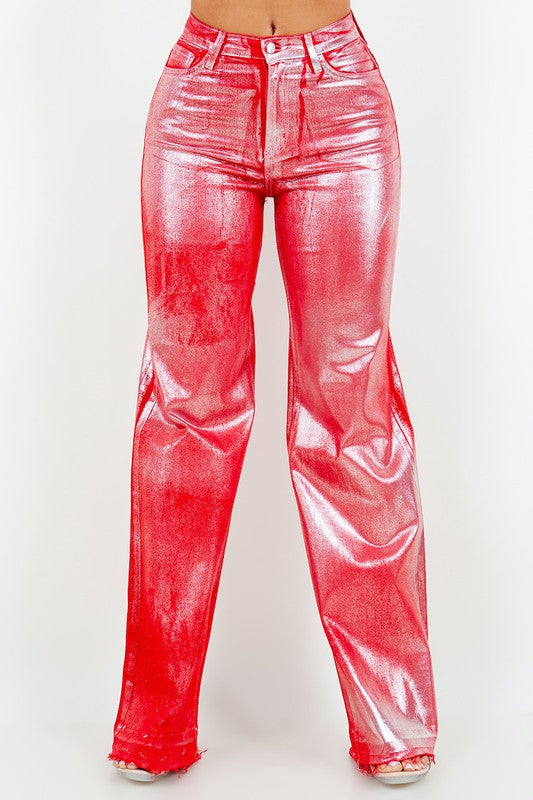 Metallic Wide Leg Jean in Red GJG Denim